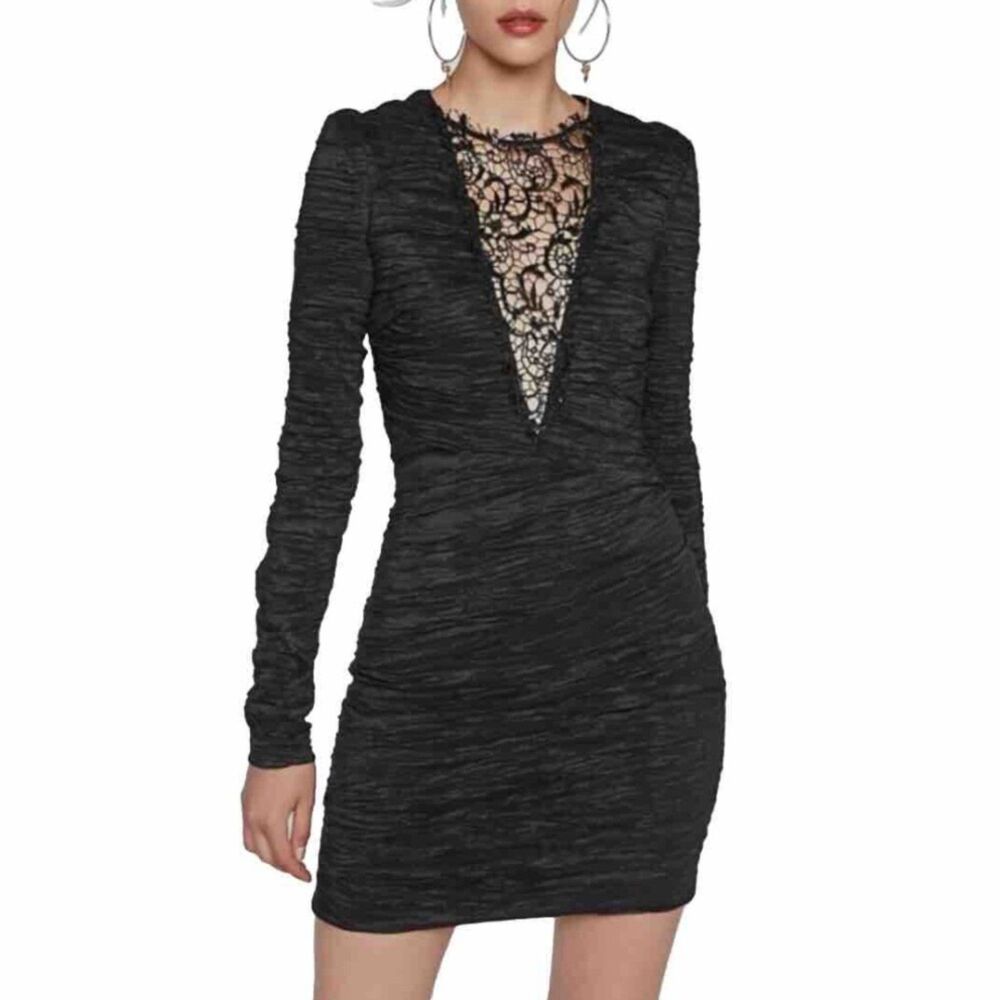 Free People Look of Love Black Long Sleeve Ruched Bodycon Mini Dress Size 6 NWT
